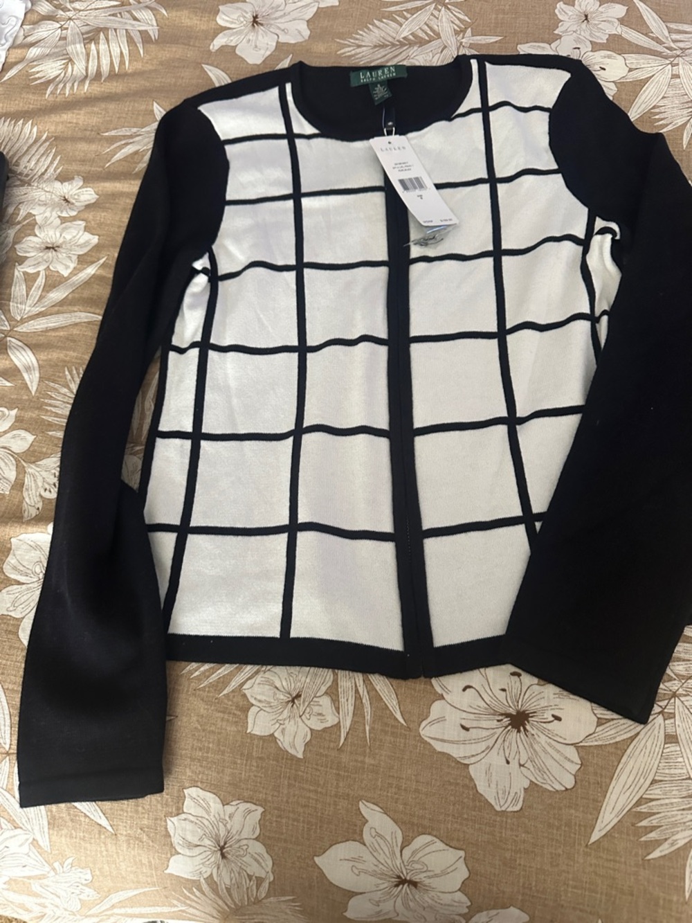 Lauren Ralph Lauren Black and White Windowpane Knit Cardigan